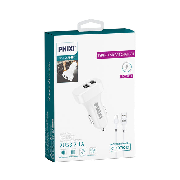 Phixi PCC511T Basic 2.1A Dual Output Type-C USB Wired Car Charger