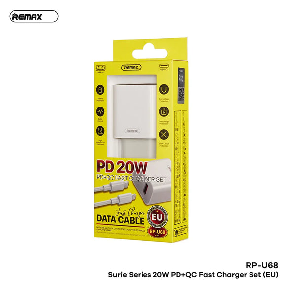 REMAX RP-U68 SURIE SERIES 20W PD+QC FAST CHARGER SET WITH TYPE-C TO IPH CABLE (1M), 20W PD Charger Set, PD+QC Charger Set